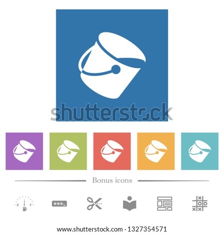 Paint bucket flat white icons in square backgrounds. 6 bonus icons included.