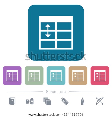 Spreadsheet adjust table row height white flat icons on color rounded square backgrounds. 6 bonus icons included