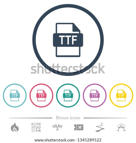 TTF file format flat color icons in round outlines. 6 bonus icons included.