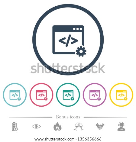 Web development flat color icons in round outlines. 6 bonus icons included.