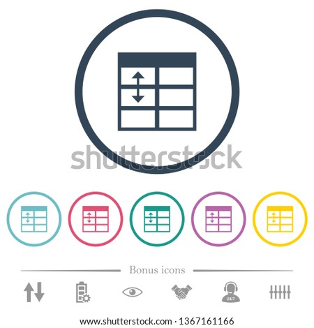 Spreadsheet adjust table row height flat color icons in round outlines. 6 bonus icons included.
