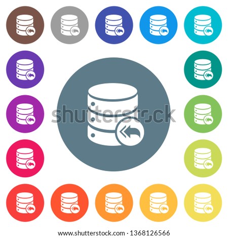 Database loopback flat white icons on round color backgrounds. 17 background color variations are included.