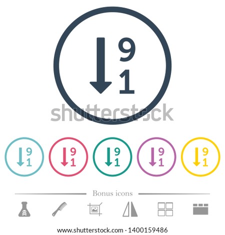 Descending numbered list flat color icons in round outlines. 6 bonus icons included.