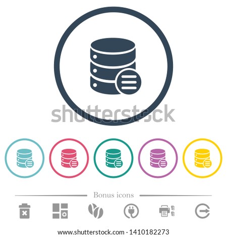 Database options flat color icons in round outlines. 6 bonus icons included.