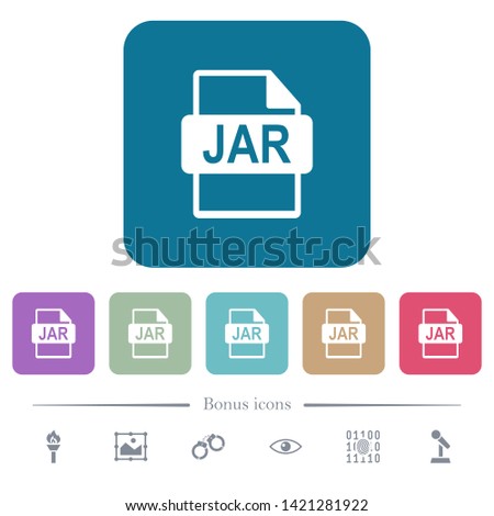 JAR file format white flat icons on color rounded square backgrounds. 6 bonus icons included