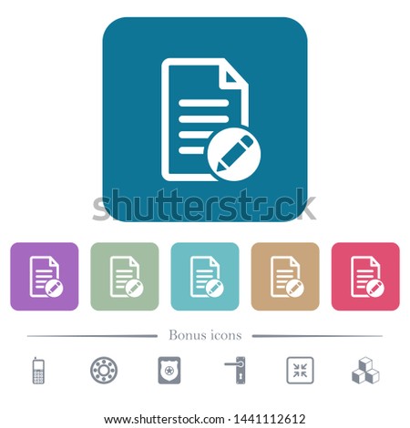 Rename document white flat icons on color rounded square backgrounds. 6 bonus icons included