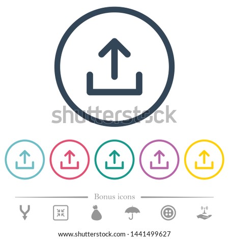 Upload symbol flat color icons in round outlines. 6 bonus icons included.