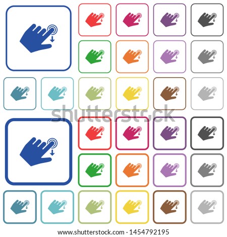 Left handed slide down gesture color flat icons in rounded square frames. Thin and thick versions included.