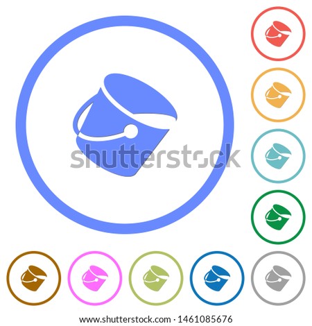Paint bucket flat color vector icons with shadows in round outlines on white background