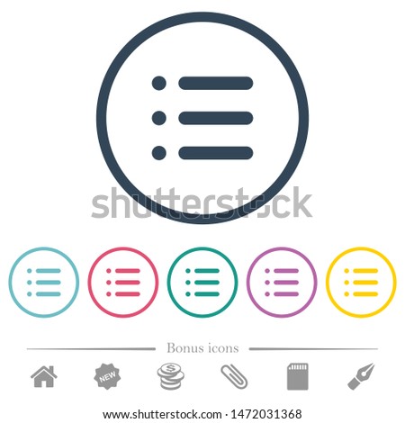 Unordered list flat color icons in round outlines. 6 bonus icons included.