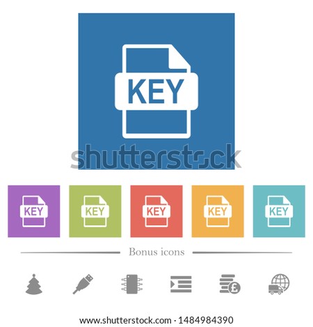 Private key file of SSL certification flat white icons in square backgrounds. 6 bonus icons included.