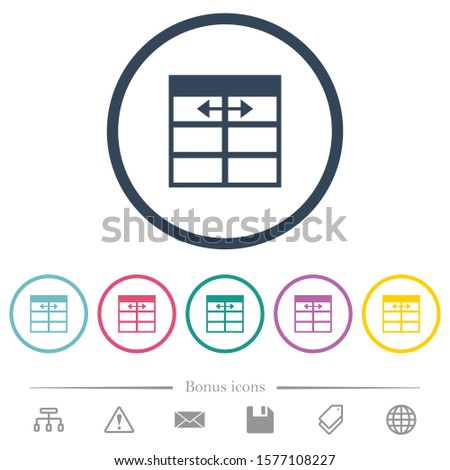 Spreadsheet adjust table column width flat color icons in round outlines. 6 bonus icons included.
