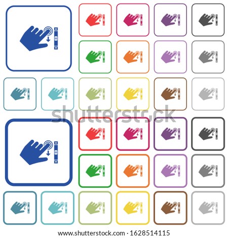 Left handed scroll down gesture color flat icons in rounded square frames. Thin and thick versions included.