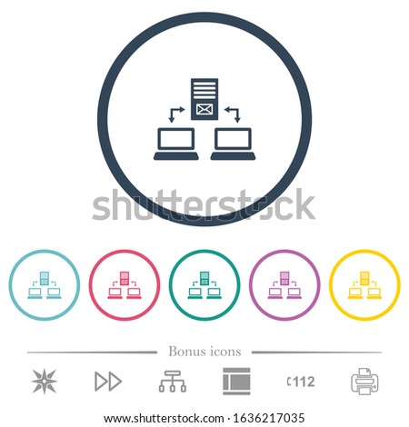 Multiple connections to mail server flat color icons in round outlines. 6 bonus icons included.