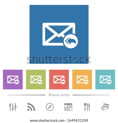 Mail reply to all recipient flat white icons in square backgrounds. 6 bonus icons included.