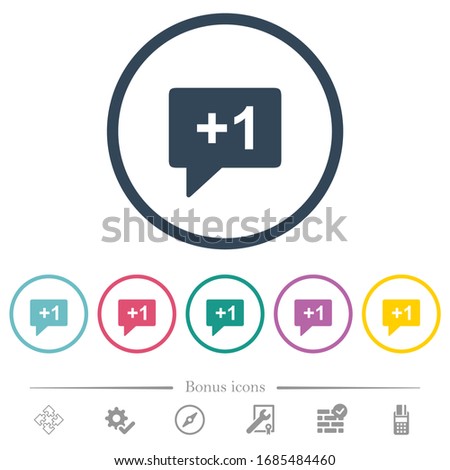 Plus one sign flat color icons in round outlines. 6 bonus icons included.