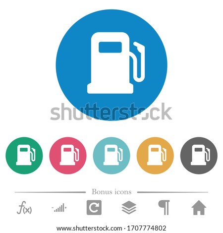 Gas station flat white icons on round color backgrounds. 6 bonus icons included.