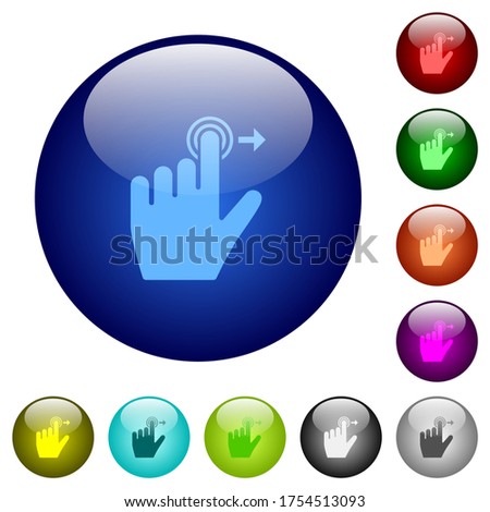 Left handed slide right gesture icons on round glass buttons in multiple colors. Arranged layer structure