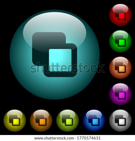 Subtract shapes icons in color illuminated spherical glass buttons on black background. Can be used to black or dark templates