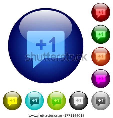 Plus one sign icons on round glass buttons in multiple colors. Arranged layer structure