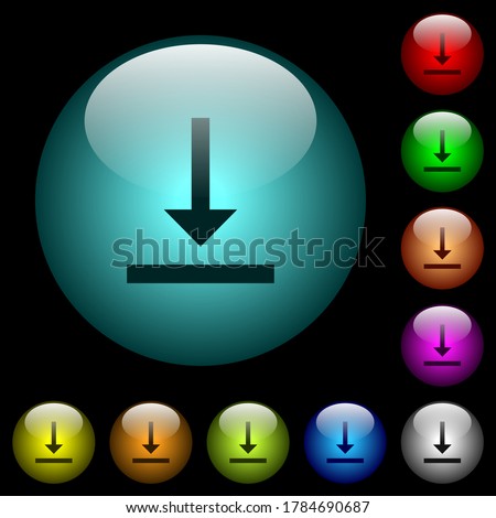 Vertical align bottom icons in color illuminated spherical glass buttons on black background. Can be used to black or dark templates