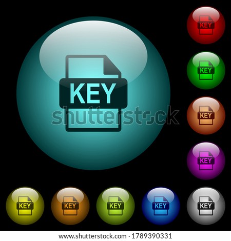 Private key file of SSL certification icons in color illuminated spherical glass buttons on black background. Can be used to black or dark templates