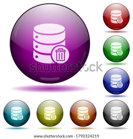 Delete from database icons in color glass sphere buttons with shadows