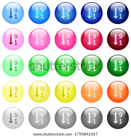 Descending numbered list icons in set of 25 color glossy spherical buttons