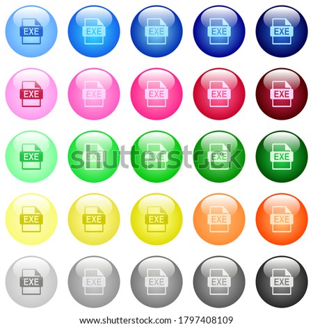 EXE file format icons in set of 25 color glossy spherical buttons