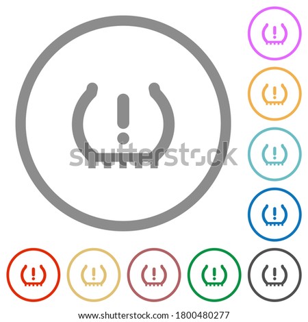 Car tire pressure warning indicator flat color icons in round outlines on white background