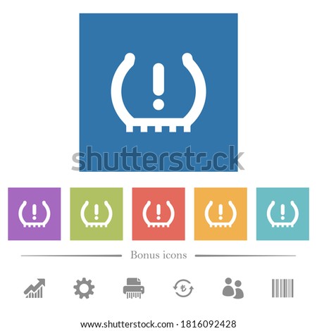 Car tire pressure warning indicator flat white icons in square backgrounds. 6 bonus icons included.