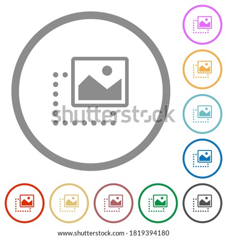 Drag image to top right flat color icons in round outlines on white background