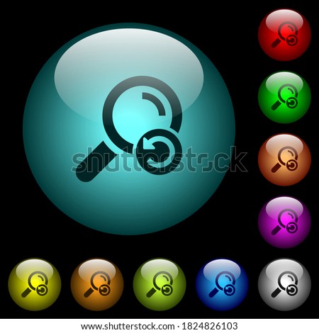 Undo search icons in color illuminated spherical glass buttons on black background. Can be used to black or dark templates