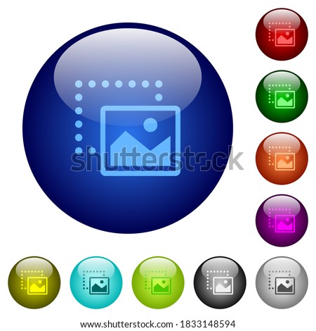 Drag image to bottom right icons on round glass buttons in multiple colors. Arranged layer structure