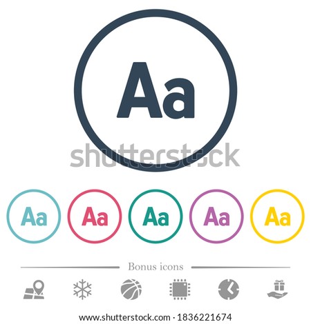Font size flat color icons in round outlines. 6 bonus icons included.