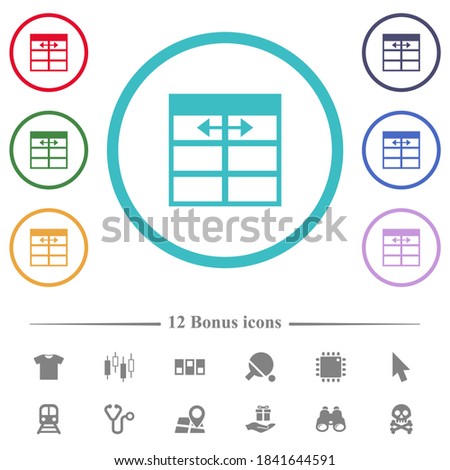 Spreadsheet adjust table column width flat color icons in circle shape outlines. 12 bonus icons included.