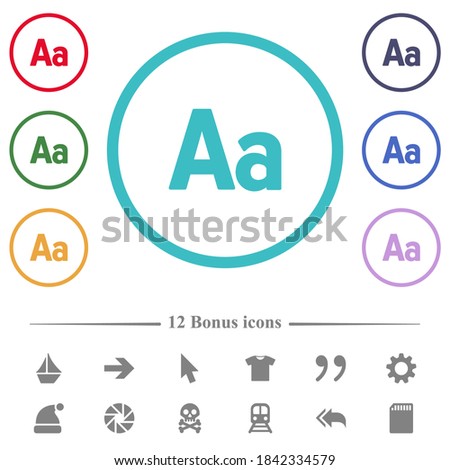 Font size flat color icons in circle shape outlines. 12 bonus icons included.