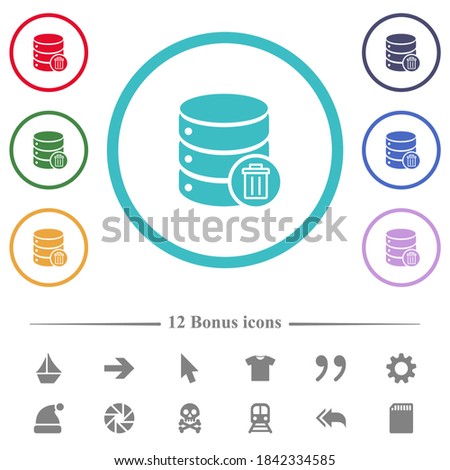 Delete from database flat color icons in circle shape outlines. 12 bonus icons included.