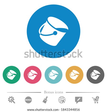 Paint bucket flat white icons on round color backgrounds. 6 bonus icons included.