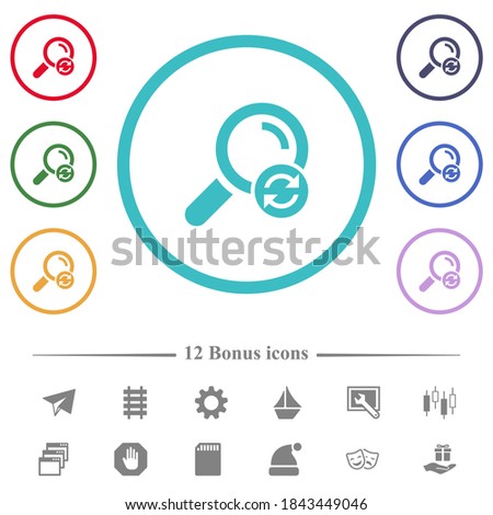 Reset search flat color icons in circle shape outlines. 12 bonus icons included.