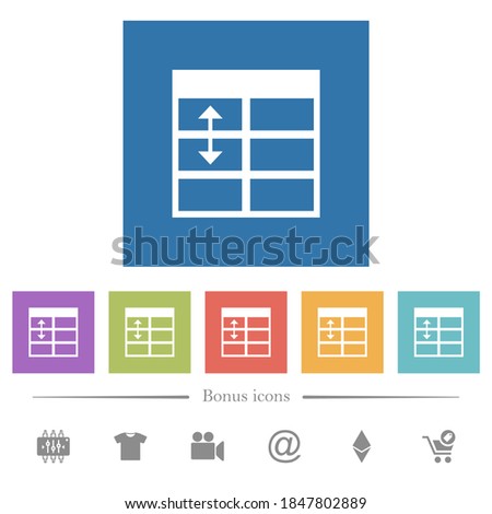 Spreadsheet adjust table row height flat white icons in square backgrounds. 6 bonus icons included.