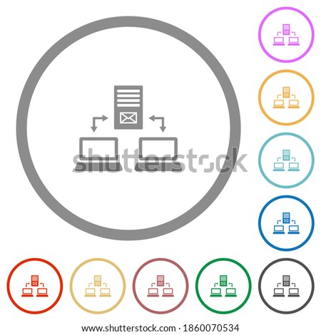 Multiple connections to mail server flat color icons in round outlines on white background