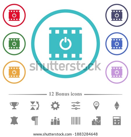 End movie flat color icons in circle shape outlines. 12 bonus icons included.