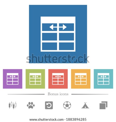 Spreadsheet adjust table column width flat white icons in square backgrounds. 6 bonus icons included.