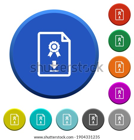 Download certificate round color beveled buttons with smooth surfaces and flat white icons