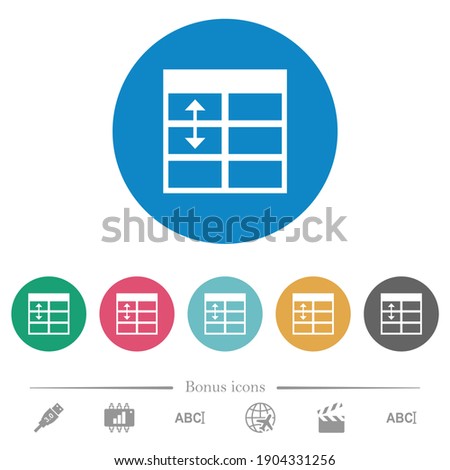 Spreadsheet adjust table row height flat white icons on round color backgrounds. 6 bonus icons included.
