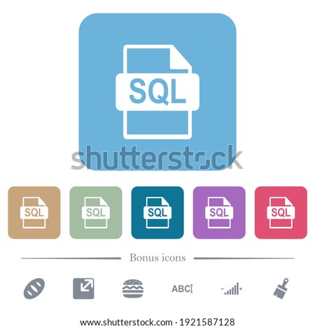 SQL file format white flat icons on color rounded square backgrounds. 6 bonus icons included