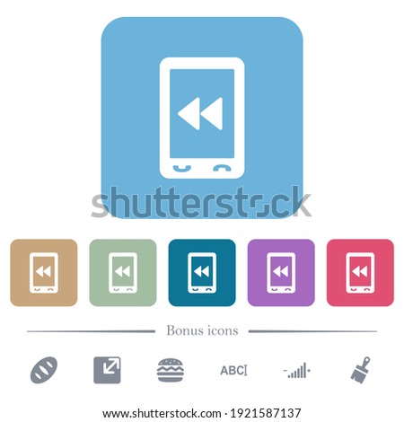 Mobile media fast backward white flat icons on color rounded square backgrounds. 6 bonus icons included