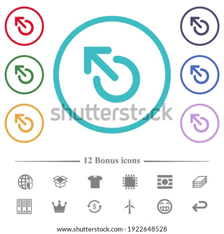 Media eject flat color icons in circle shape outlines. 12 bonus icons included.