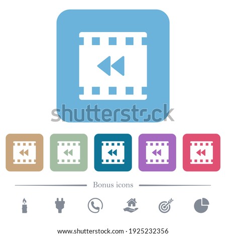 Movie fast backward white flat icons on color rounded square backgrounds. 6 bonus icons included
